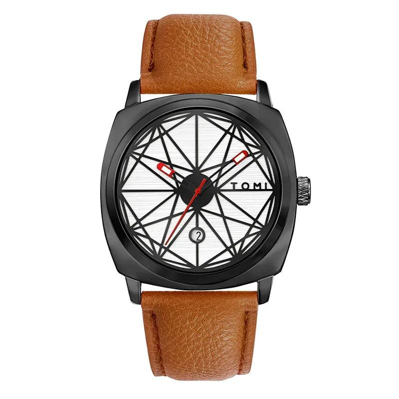 TOMI T-112 Men's Watch Date Quartz Square Dial Leather Straps